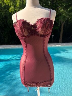 Vintage Victorias Secret Burgundy Lace Corset with Sheer Underwire Cups